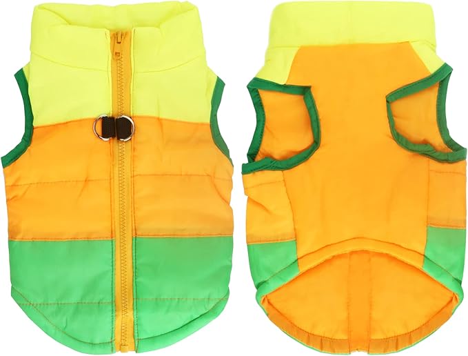 Idepet Pet Dog Cat Coat with Leash Anchor Color Patchwork Padded Puppy Vest Jacket Teddy Chihuahua Costumes Pug Cloth XS S M L (Small (Pack of 1), Green)