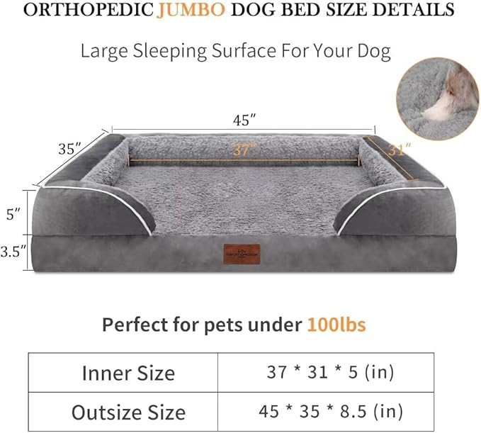 Comfort Expression Jumbo Dog Bed for Extra Large Dogs, Waterproof Orthopedic Dog Bed, Large Breed Dogs Beds, PV Washable Sofa Beds with Removable Cover & Non-Slip Bottom(Jumbo,Grey)