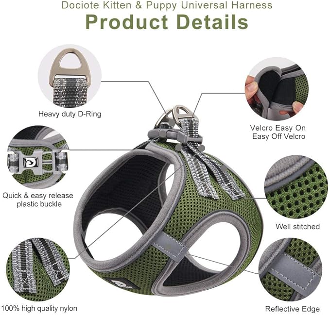 Dog and Cat Universal Harness with Leash - Cat Harness Escape Proof - Adjustable Reflective Step in Dog Harness for Small Dogs Medium Dogs - Soft Mesh Comfort Fit No Pull No Choke Tactical Green M