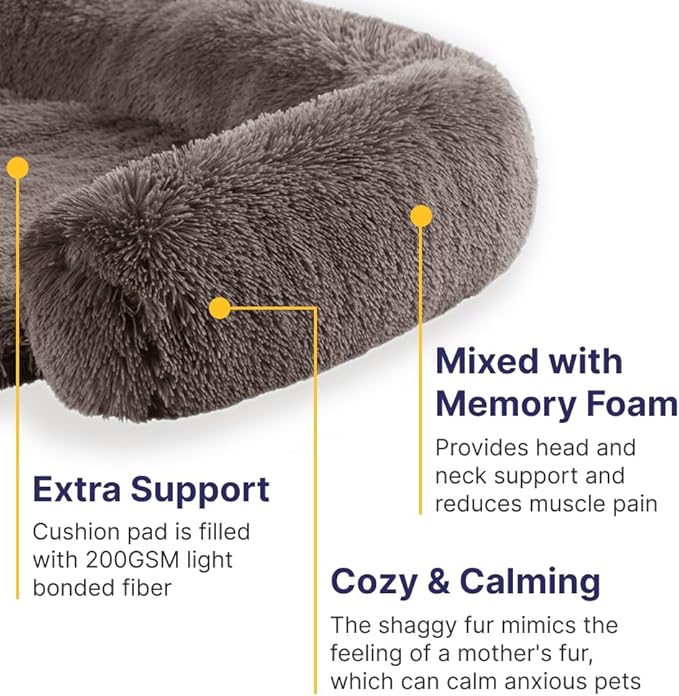 Codi Dog Bed for Couch - Calming Dogs Beds for X-Large Pets, Fluffy Plush Cats Mat, Anti Anxiety Pet Mats with Removable Washable Cover Protector for Sofa, Ash Brown, 45x37x6 inches