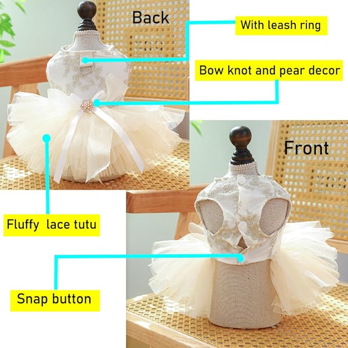 Fancy Dog Dresses with Leash Ring, Embroidered Dog Wedding Dress, Bow Puppy Clothes for Small Dogs Girl Multi-Layer Lace Tutu Cat Outfit for Kitten Chihuahua Yorkie, Champagne，X-Small