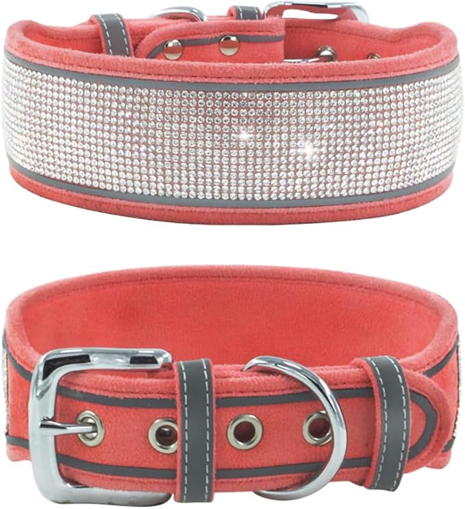Bling Diamond Dog Collar for Females Girls,Soft Velvet Leather with Fancy Sparkly Crystal Rhinestones,Reflective Stripe,Suit Medium Large Dogs (Pink, S)