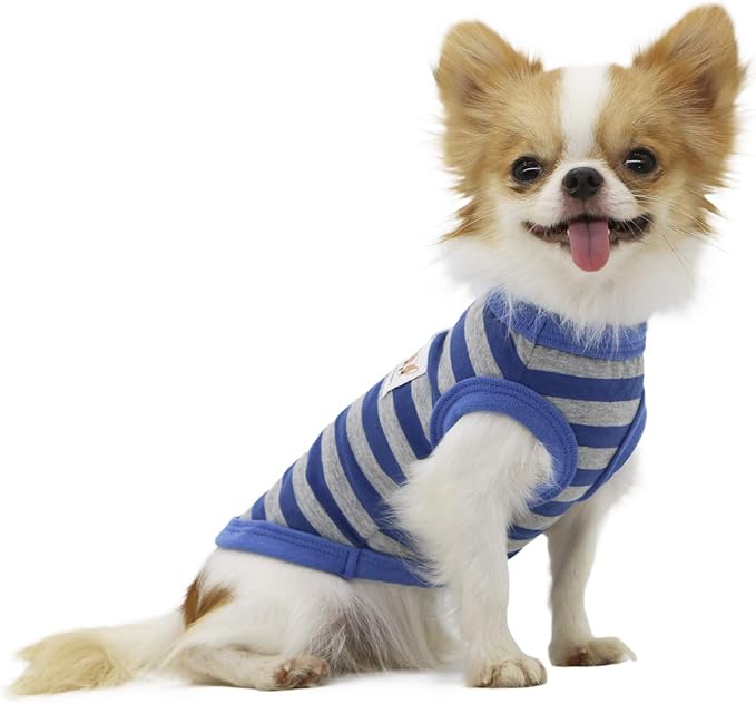 LOPHIPETS 100% Cotton Striped Dog Shirts for Small Dogs Chihuahua Puppy Clothes Tank Vest-Blue and Gray Strips/XL