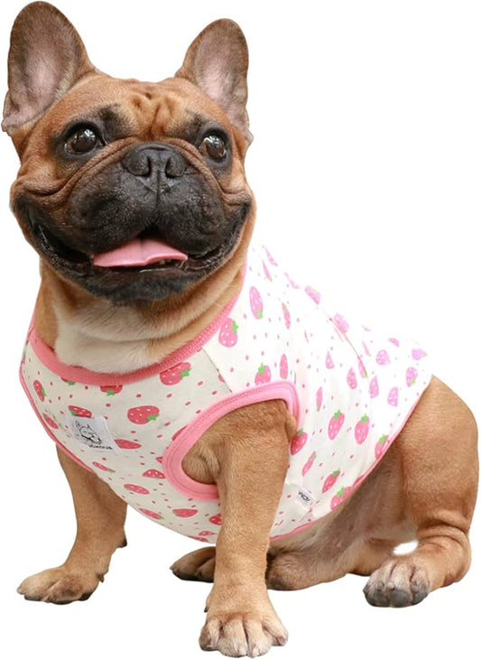 iChoue 100% Breathable Cotton Pug Halloween Cartoon T Shirts Cute Clothes for Dogs Vest Tank Tops Puppy French Bulldog Frenchie English Boston Terrier Strawberry - Small
