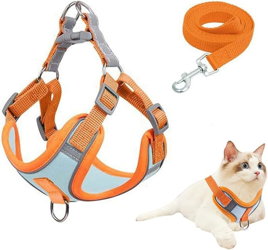 Cat Harness and Leash Escape Proof Adjustable Cat Leash Breathable Cat Vest Harness with Reflective Strips for Small Kitten Puppy Rabbit Orange and Blue (s)