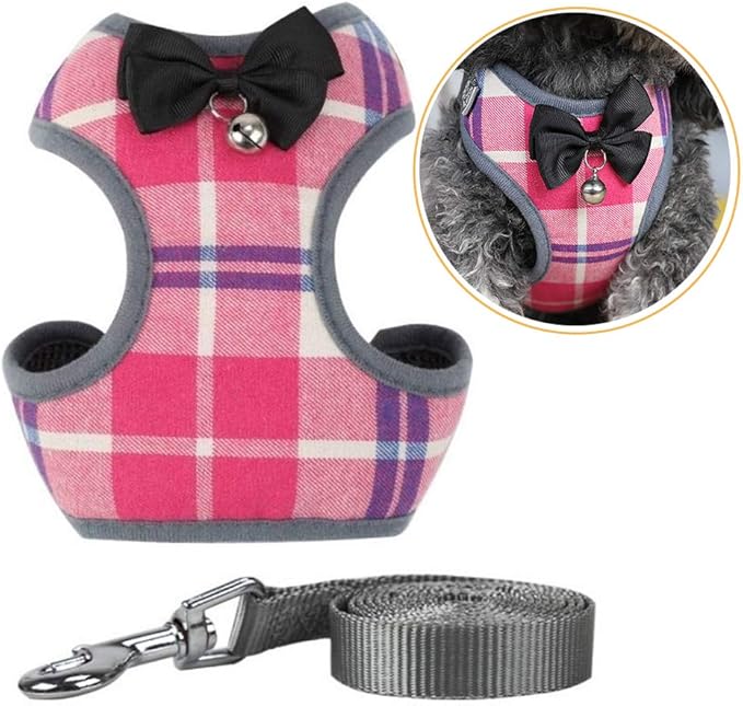 Dog Harness and Leash Set, Soft Mesh No Pull Dog Cat Harness Vest with Bowtie Bell for Small Dogs Puppy and Cats Outdoor Training and Running Classic Plaid Pattern (Medium(11.0"-18.1"), Pink Plaid)