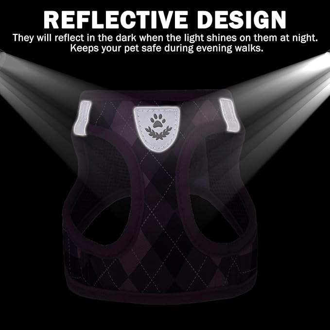 SCENEREAL Dog Harness Collar and Leash Set, Step-in No Pull Pet Vest Harnesses for Small Medium Dogs Puppy Cats, Soft Mesh No-Chock Reflective Vest Harness for Outdoor Walking Running, Purple Plaid S