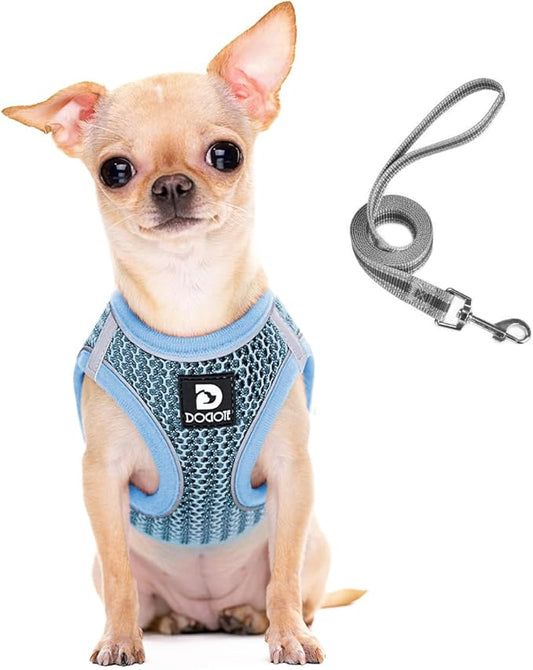 Dog and Cat Universal Harness with Leash - Cat Harness Escape Proof - Adjustable Reflective Step in Dog Harness for Small Dogs Medium Dogs - Soft Mesh Comfort Fit No Pull No Choke Light Blue XS