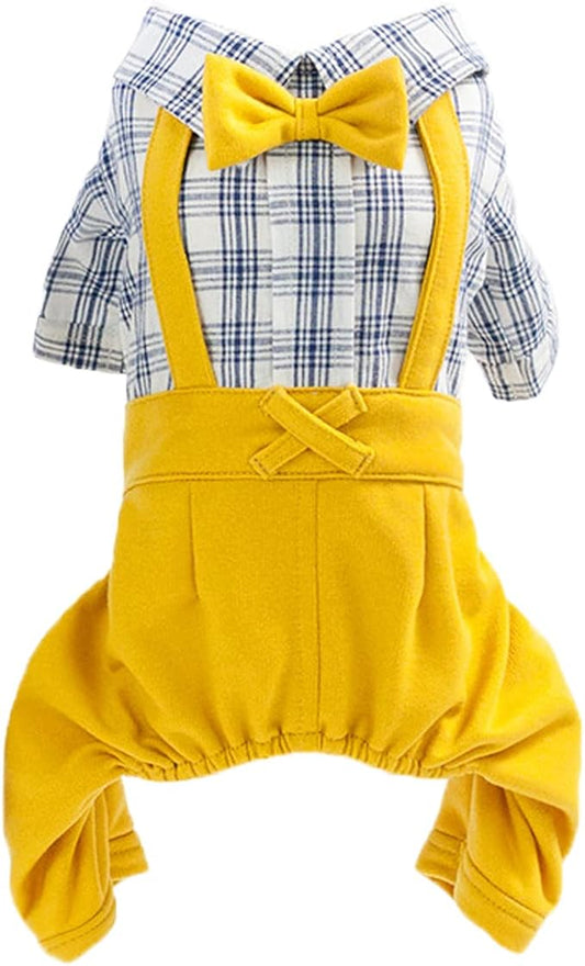 Dog Shirts Clothes Striped Onesies, Pet Plaid Overalls Apparel, Puppy Costumes Classic Black and White Jumpsuit with Bowtie for Small Medium Dogs Cats Boy Girl Wedding/Party (X-Small, Yellow)