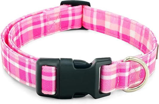 Tunkoo Pink Plaid Dog Collar, Cute Adjustable Premium Cotton Collar Durable Plastic Buckle for Small Medium Large Boys Girls Dogs, S