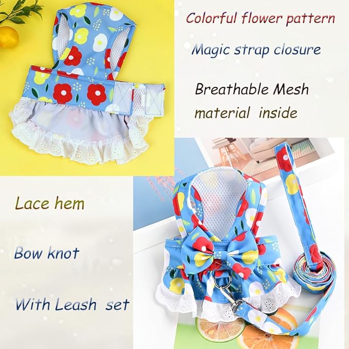 Daisy Floral Dog Harness and Leash Set - Bow Knot Girl Puppy Princess Skirt with D-Ring Mesh Summer Pet Clothes for Cat and Dog (Light Blue, X-Small)