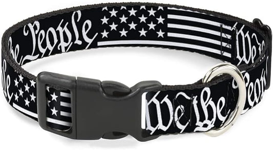 Dog Collar Plastic Clip Americana Flag We The People Black White 9 to 15 Inches 1.0 Inch Wide