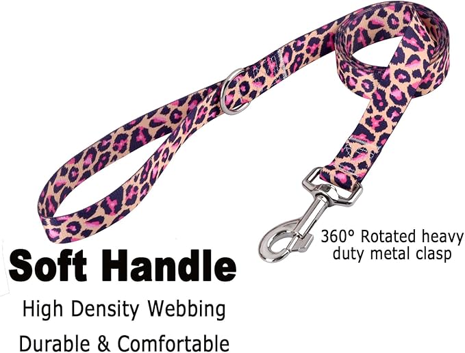 Dog Collar and Leash Set with Bohemia Floral Tribal Geometric Patterns - Soft Ethnic Style Collar Adjustable for Small Medium Large Dogs(Pink Leopard Set,S)