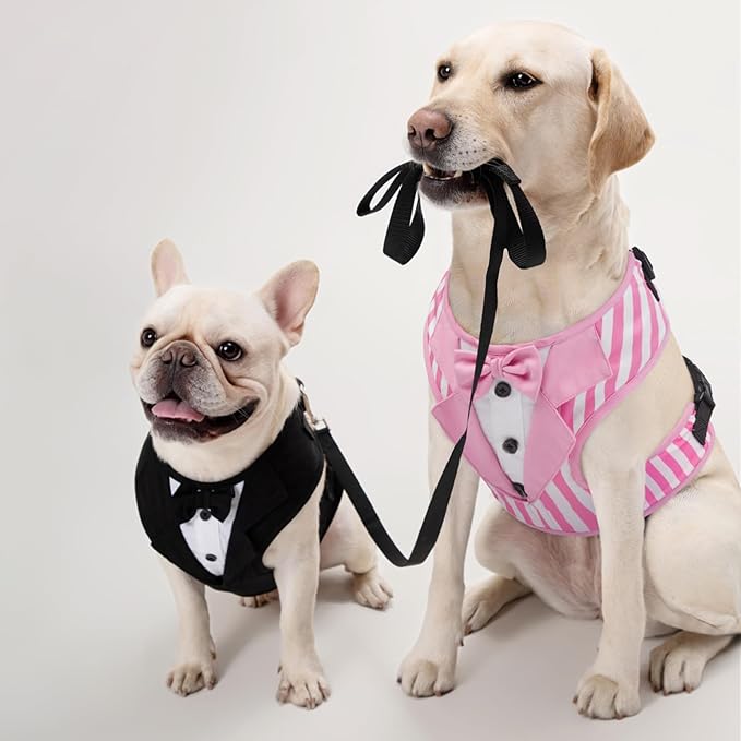 Kuoser Dog Tuxedo Harness, Adjustable Dog Harness No Pull for Small Medium Dogs, Dog Wedding Suit with Bow Tie Party Costume Pink L
