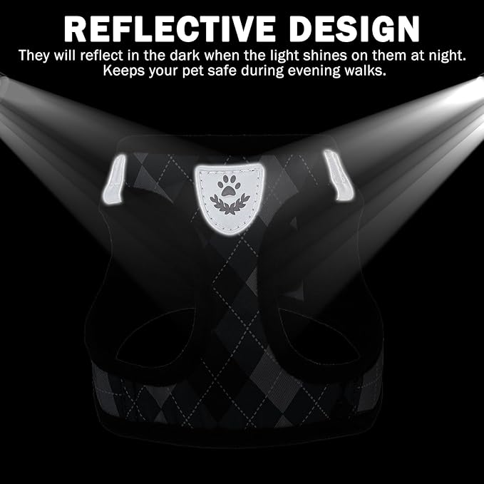 SCENEREAL Dog Harness Collar and Leash Set, Step-in No Pull Pet Vest Harnesses for Small Medium Dogs Puppy Cats, Soft Mesh No-Chock Reflective Vest Harness for Outdoor Walking Running, Black Plaid M