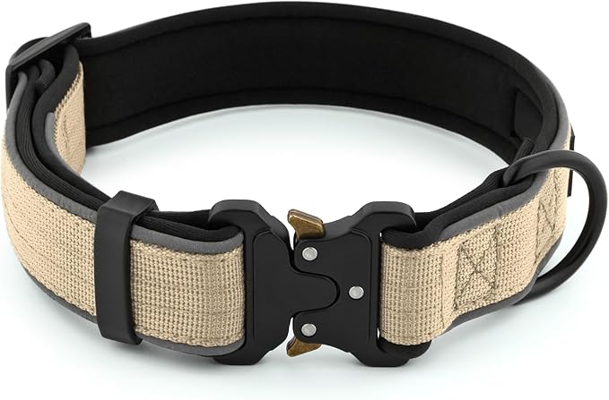 Plutus Pet Tactical Dog Collar, Reflective, Adjustable Heavy Duty Dog Collar, Soft Padded and Comfortable, for Small Medium and Large Dogs (Beige, L)