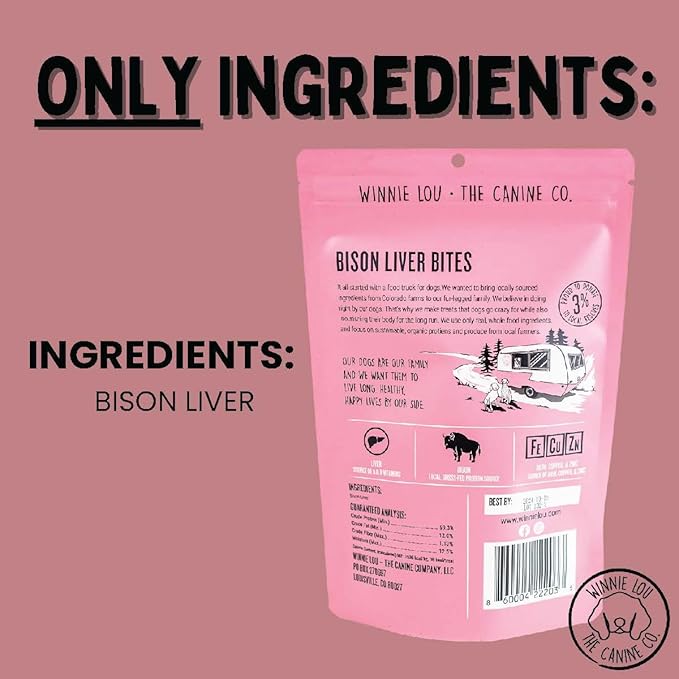 Winnie Lou Jerky Organic Jerky Dog Treats Made in The USA – Human Grade – Dog – All Natural – Healthy (Bison Liver Bites)