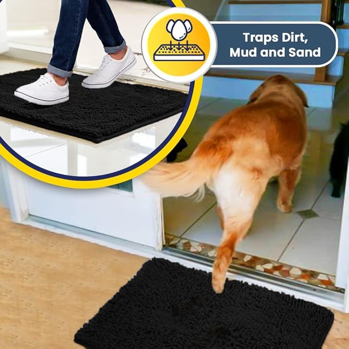 Muddy Mat® Shown on TV – Super Absorbent Microfiber Dog Door Mat for Muddy Paws, Non-Slip Washable Pet Rug, Quick Dry Chenille Entryway Carpet, Machine Washable Indoor Outdoor mat, Black 59"x35"