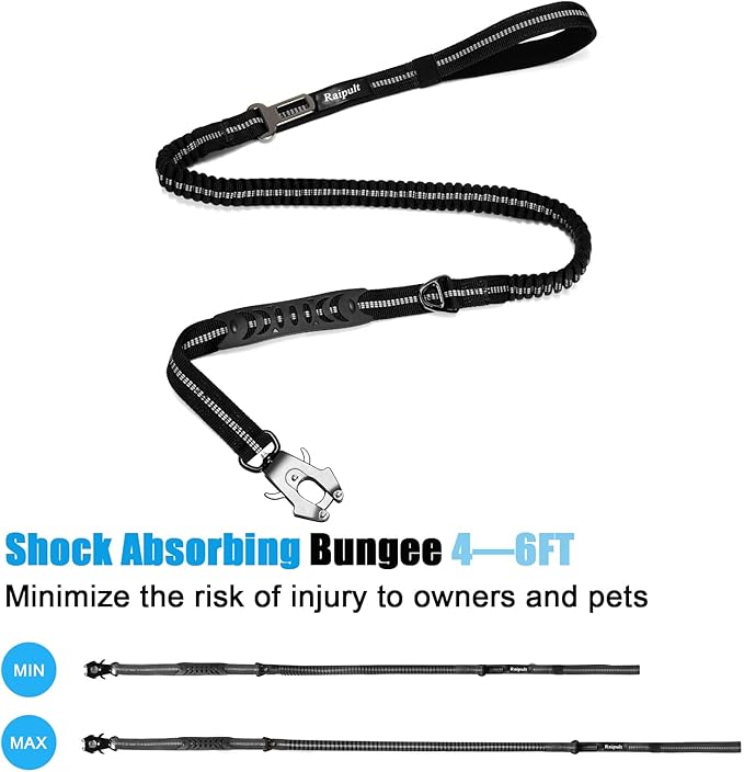 Raipult Tactical Heavy Duty Bungee Dog Leash for Medium Large Dogs That Pull, Military K9 Working Lead, 4-6FT Shock Absorbing Frog Clip Leash with Padded Traffic Handle & Car Seatbelt, Black