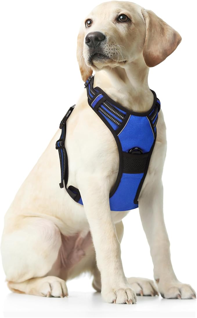 Funfox Dog Harness No Pull, Adjustable Pet Vest Harness Blue XL with Handle, 2 Leash Clips for Daily Walking Easy Control, Soft Durable Reflective Comfortable for X-Large Breed Dogs