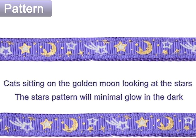 Cat Harness and Leash Set for Outdoor Walking Escape Proof Adjustable Soft Safety Strap with Golden Star and Moon Design Glow in The Dark Purple Large