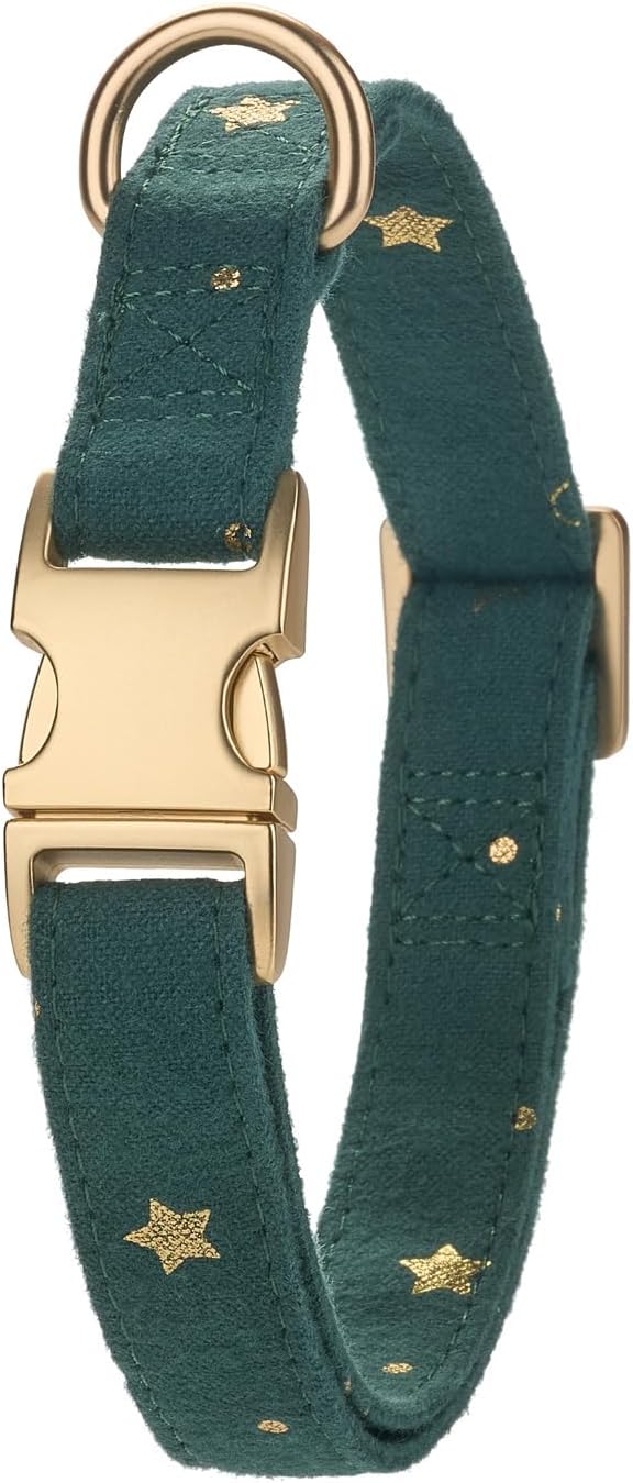 Cotton Dog Collar with Metal Buckle Adjustable Soft Dog Collars with Gold Star for Small Medium Large Dogs,Dark Green,Medium