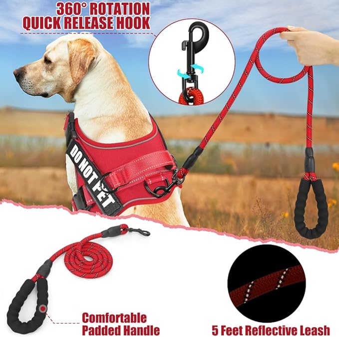 Dog Vest Harness and Leash Set, Animire Reflective Service Dog Vest with 10 Patches, 3 Rings No Choke Pet Vest for Leash Placement, in Training Dog Harness for Small Medium Large Dogs(Red,L)