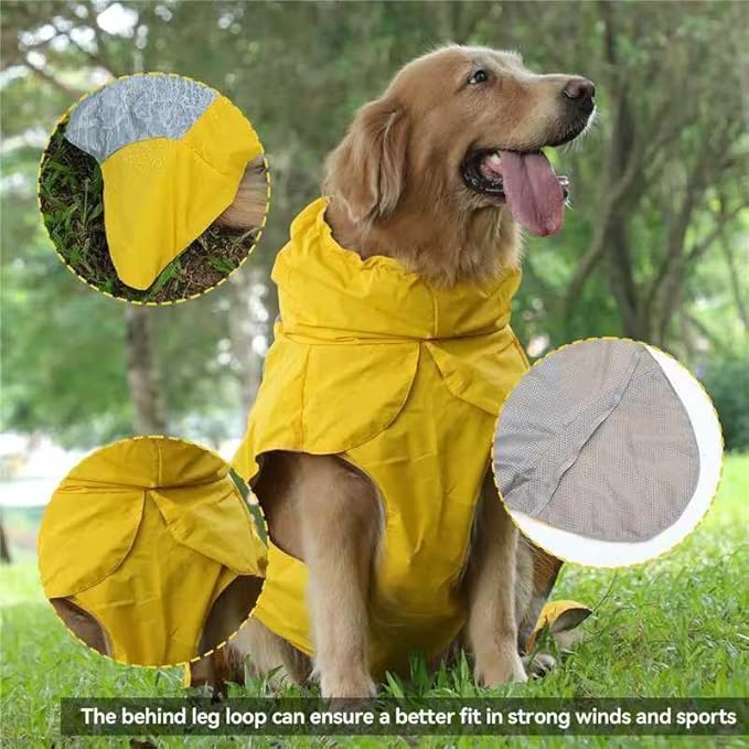 Dog Raincoat with Harness Built in,Outdoor Waterproof Puppy Rain Jacket for Large Dogs,Adjustable Waist by Strap Doggie Rain Coats,Yellow XL