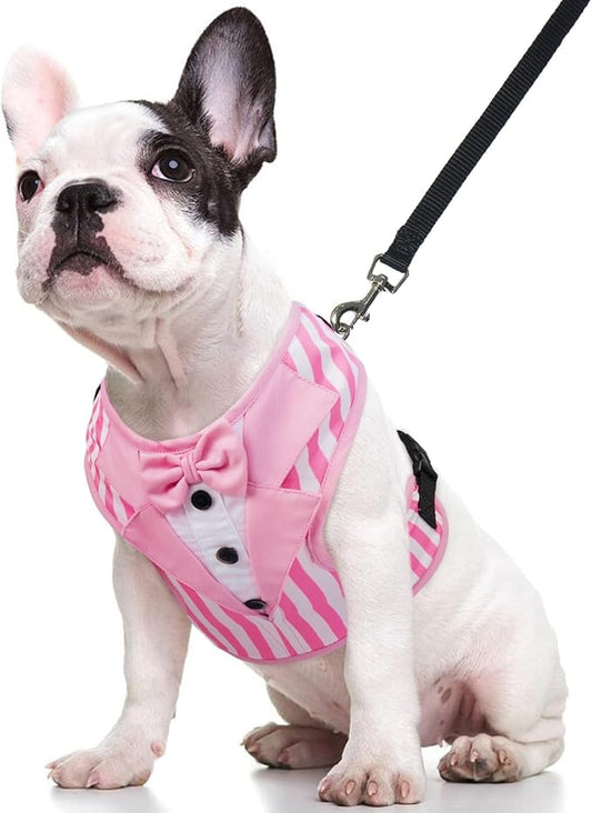 Kuoser Pink Dog Tuxedo Harness, Adjustable No Pull Dog Harness for Small Medium Dogs, Wedding Suit with Bow Tie Party Costume, XXS-XL Sizes, Soft Mesh Fabric, 360 Rotating Clasp