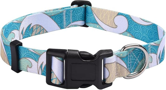 Dog Collar with Bohemia Floral Tribal Geometric Patterns - Soft Ethnic Style Collar Adjustable for Small Medium Large Dogs(Sea Wave,XS)