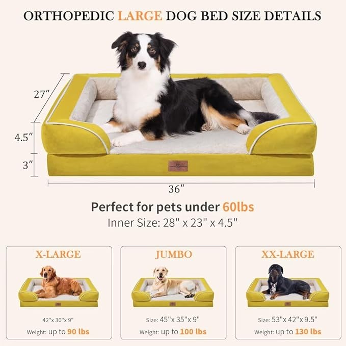 Comfort Expression Waterproof Dog Beds Large Sized Dogs, Large Dog Beds Orthopedic Foam, Comfy Pet Bed Sofa with Washable Removable Cover & Non-Slip Bottom(Spicy Mustard)