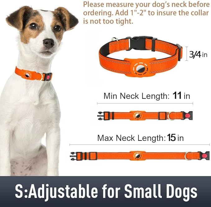 Airtag Dog Collar with AirTag Holder for Small Dogs, Reflective, Soft Padded & Safety Locking Buckle, Nylon Pet Collars Adjustable for All Breeds, Orange,S
