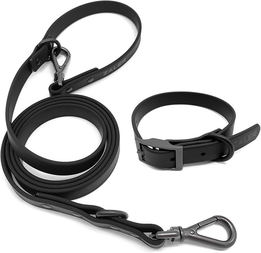 ZALER Dog Collar and Leash Set, Waterproof Adjustable Odor Proof Pet Collars Leashes Easy to Clean, 6FT Dog Leash with 2 Hooks for Large, Medium Small Dogs (L, Black)