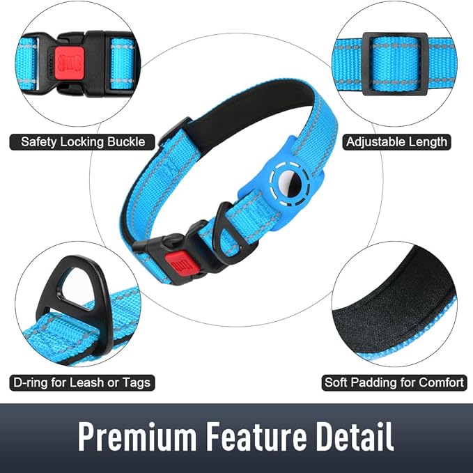 Airtag Dog Collar with AirTag Holder for Puppy Small Dogs, Reflective, Soft Padded & Safety Locking Buckle, Nylon Pet Collars Adjustable for All Breeds, SkyBlue,XS