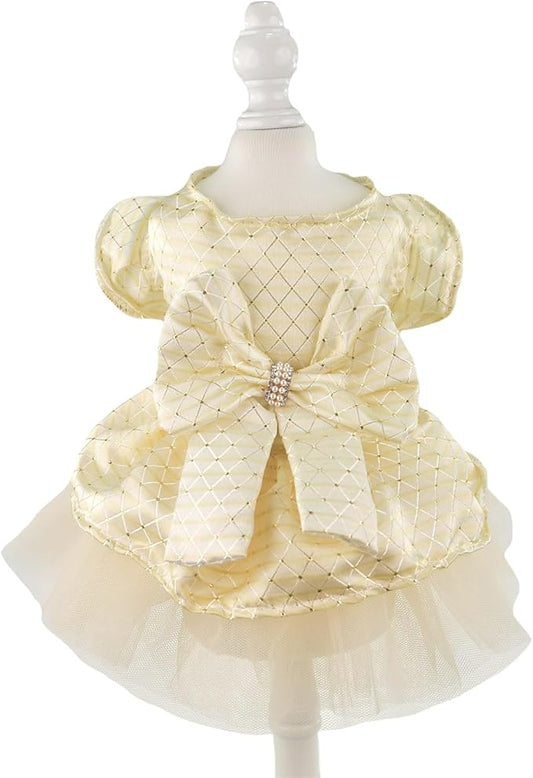 FLAdorepet Dog Bow Dress Pet Wedding Princess Dress Puppy Cat Birthday Party Outfit Costume for Small Medium Dogs Girl (Gold Bow, Large)