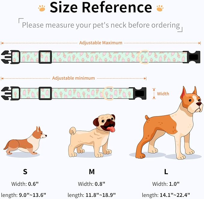 Cotton Dog Collar,Adjustable Cute Puppy Collar with Moon Patterned Design for Small Medium Large Dogs,Soft and Fancy Pet Collar with Safety Buckle for Girl Boy Dogs (Green Ice Cream, L)