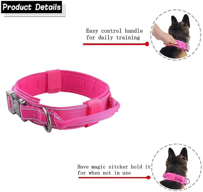 Tactical Dog Collar with Heavy Duty Metal Buckle and Control Handle for Medium Large Dogs Training(Pink, Large)