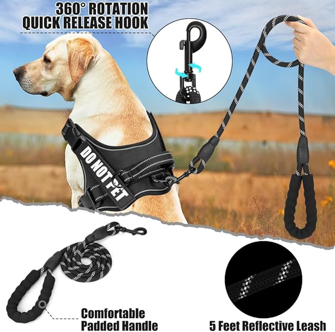 Dog Vest Harness and Leash Set, Animire Reflective Service Dog Vest in Training Dog Harness with 10 Patches, 3 Rings Emotional Support Therapy Dog Harness for Small Medium Large Dogs(Black,M)