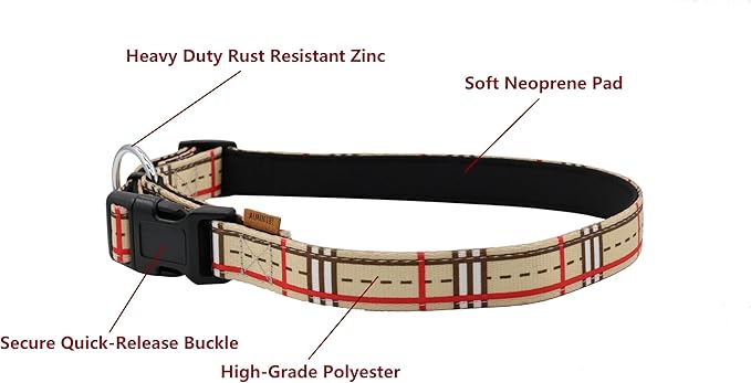 Dog Collar, Cute Stripe Pattern, Neoprene Padded and Adjustable Collar with Quick Release Buckle, Reinforced Structure (L (Neck 18-28", Width 1"), Stripe Cream)