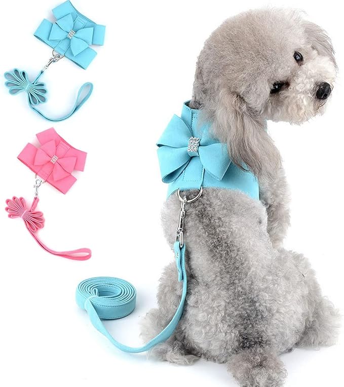 SELMAI Small Pet Dog Cat Bling Rhinestone Harness and Leash Set Bow Girls Soft Ultra Suede Leather, Adjustable/No Pull