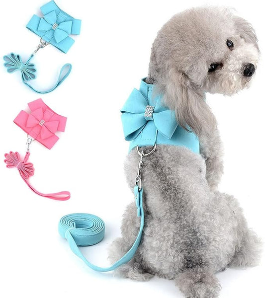SELMAI Small Pet Dog Cat Bling Rhinestone Harness and Leash Set Bow Girls Soft Ultra Suede Leather, Adjustable/No Pull