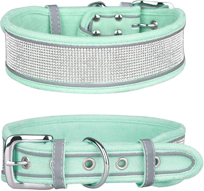 Bling Diamond Dog Collar for Females Girls,Soft Velvet Leather with Fancy Sparkly Crystal Rhinestones,Reflective Stripe,Suit Medium Large Dogs (Green, L)