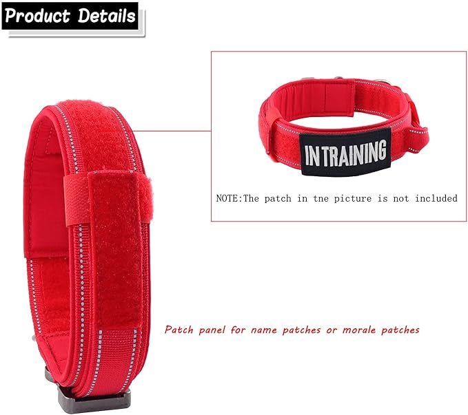 Tactical Dog Collar with Heavy Duty Metal Buckle and Control Handle for Medium Large Dogs Training(Red, X-Large)