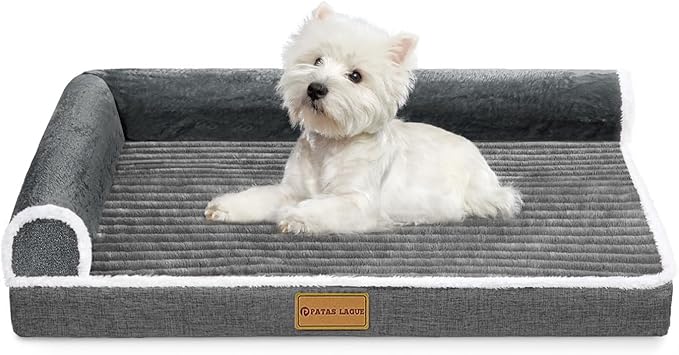 Patas Lague Orthopedic Dog Bed for Medium Dogs 30''X20'', Waterproof Comfortable L Shaped Medium Non-Slip Soft Warm Pet Sofa Sleep Bed mat with Removable Washable Cover, Grey