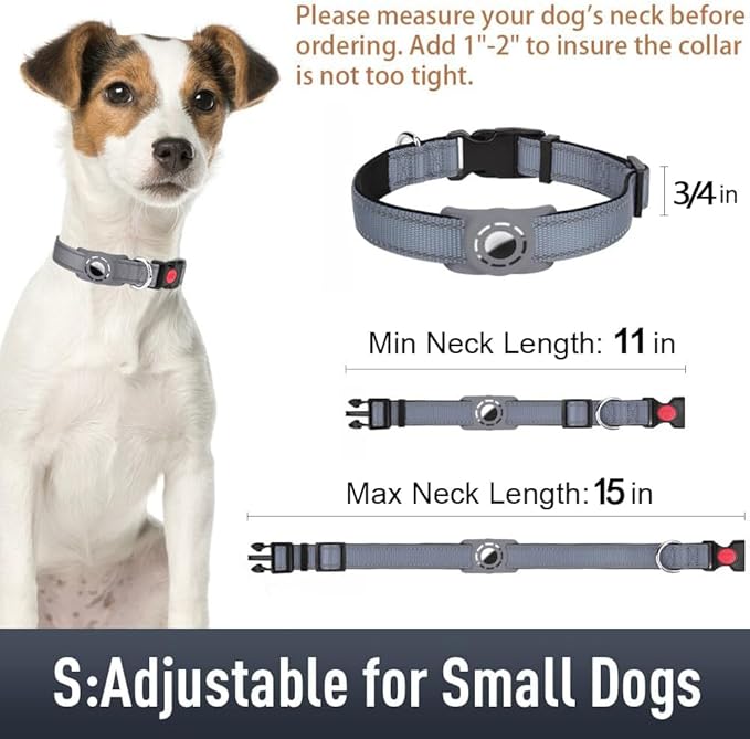 Airtag Dog Collar with AirTag Holder for Small Dogs, Reflective, Soft Padded & Safety Locking Buckle, Nylon Pet Collars Adjustable for All Breeds, Grey,S