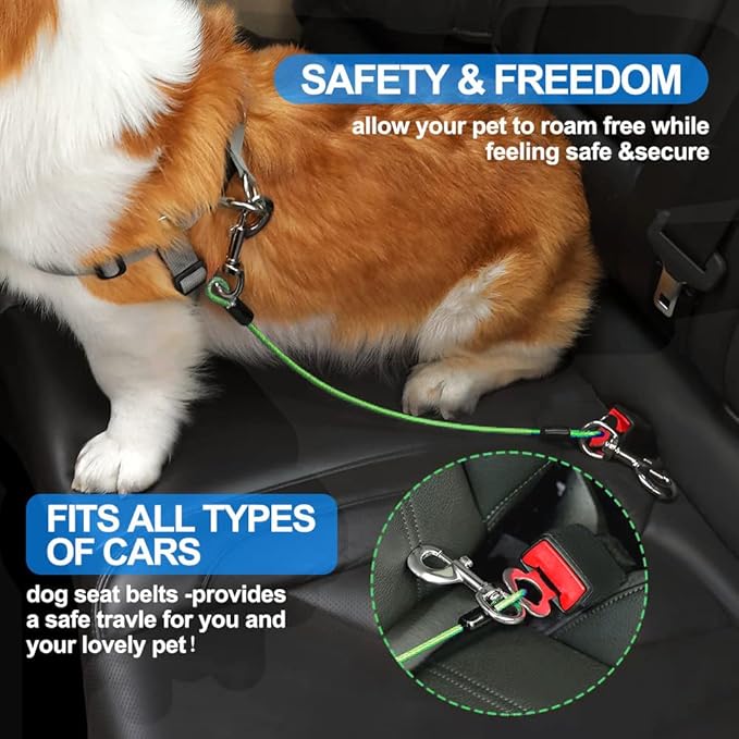Dog Seat Belt Harness for Car,Dog Seatbelt of Coated Wire Leash Safety Restraint,No Chew Tether Cable Vehicle,Double Clips & Latch(Green, 24 inch/60 CM)