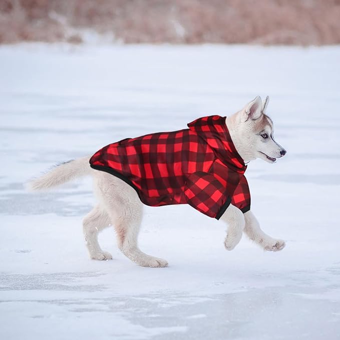 Plaid Dog Sweaters Hoodies Sweatshirts for Dogs Cats, Warm and Soft Cold Weater Coats for Christmas (Red, Large)