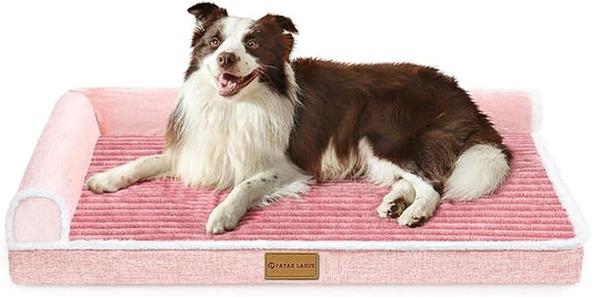 Patas Lague Orthopedic XL Dog Bed for Large Dogs 42''X28'', Waterproof Comfortable L Shaped Big Large Non-Slip Soft Warm Pet Sofa Sleep Bed mat with Removable Washable Cover, Pink