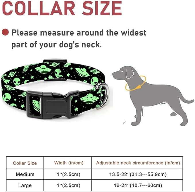 Dog Collar, Cute Dog Collar for Small Medium Large Dogs, Personalized Adjustable Soft Pet Collars with Quick Release Buckle for Walking Running, Green Alien