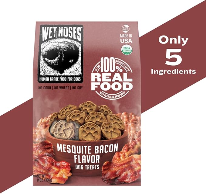 Organic Crunchy Dog Treats – for All Pet Sizes, Breeds – All-Natural Puppy Treat, Senior Dog Snack – 100% Human-Grade – Delicious Chews for Dogs - Meaty Mesquite Bacon, 14 Oz (2 Pack)